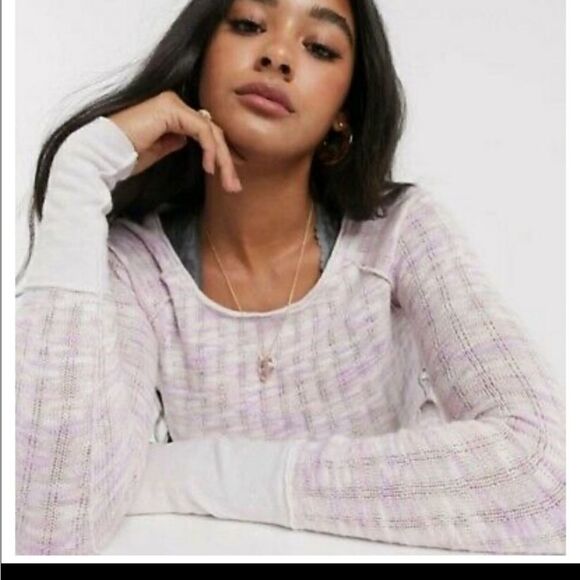 We The Free Spaced Out Long Sleeve Top Knit Pink Combo Large NWT - Picture 2 of 8